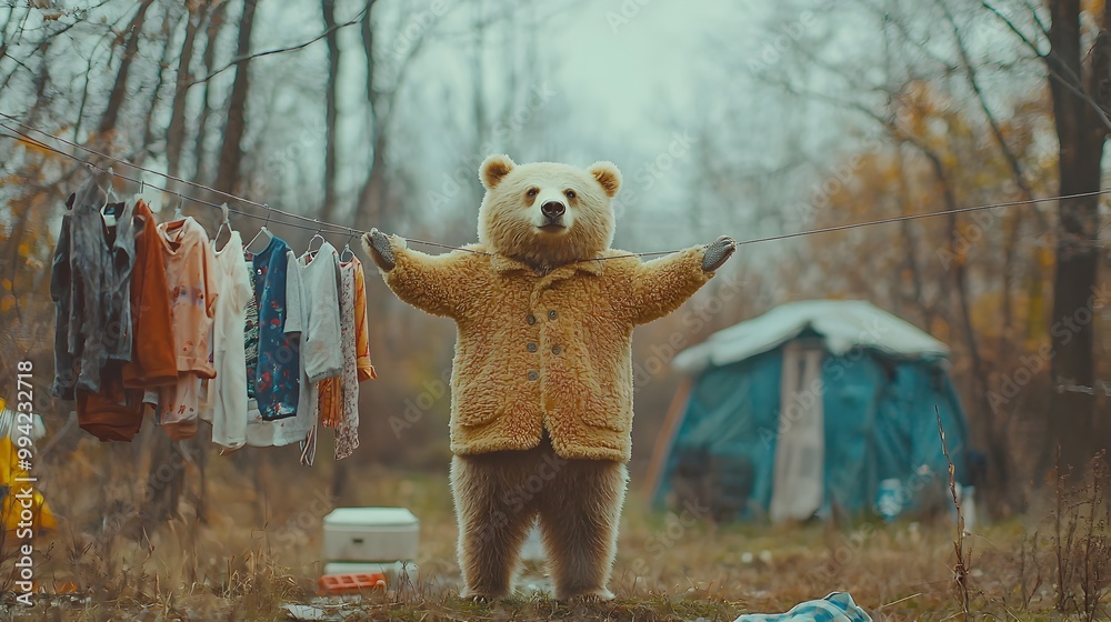 Poster a bear casually hanging its fur coat on a clothesline in a peaceful forest clearing creating a seren