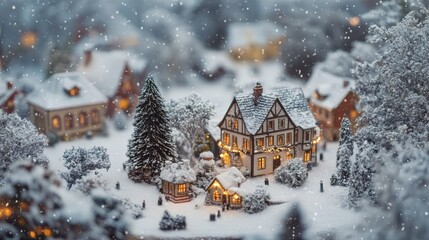 Naklejka premium Snowy Christmas Village Miniature 