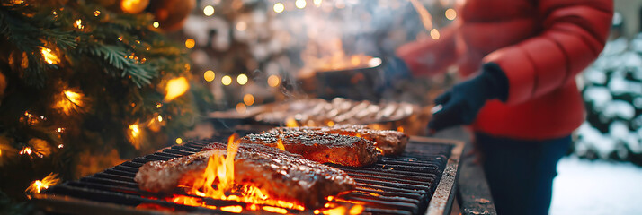 Festive outdoor winter barbecue with grilled steaks and holiday lights