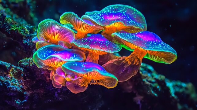 Mushrooms with mysterious neon glow. Growing microorganisms. Stock illustration for banners, posters, postcards, covers, brochures, and presentations.