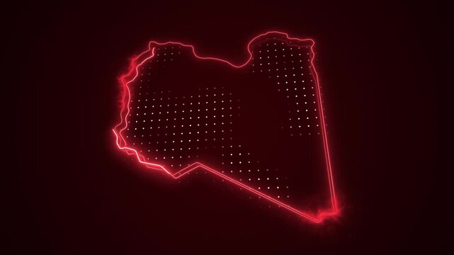 3D Moving Neon Red Libya Map Borders Outline Loop Background