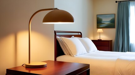 A cozy bed with white sheets, complemented by a modern lamp in a stylish bedroom setting.