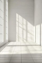 Fototapeta premium The minimalistic white brick wall with shadows from natural light creates a clean and modern background design.