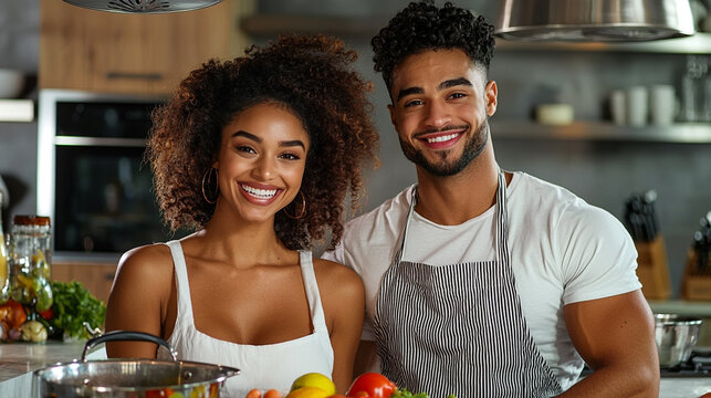 ouple cooking together in a bright kitchen