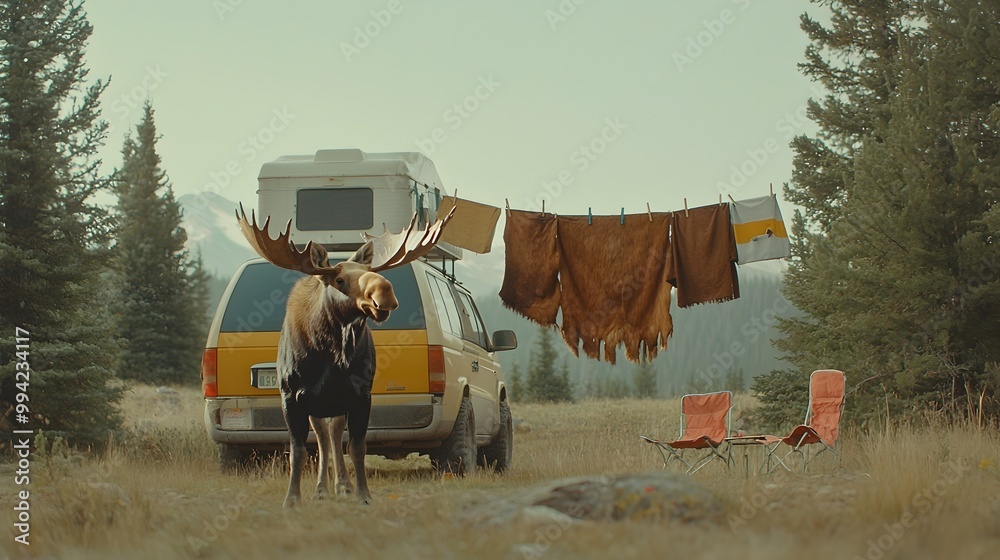 Aufkleber a majestic moose stands in the wilderness its brown fur hanging on a clothesline strung between the 