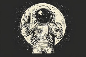 Astronaut holding beer in the space. Customizable design for shirts or mugs