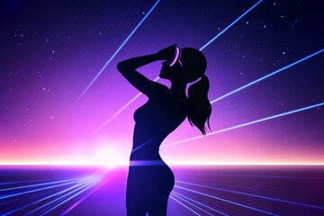 An illustration of a businesswoman silhouette on a glowing blue line background. Success, metaverse, and direction are the concepts portrayed in this image.