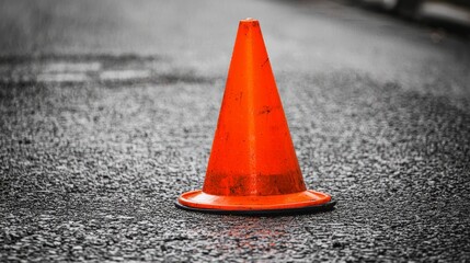 Vibrant Orange Traffic Cone Standing Out on Gray Street