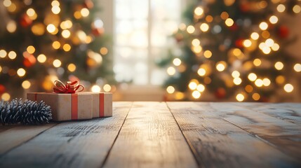 A gift box sitting on top of a wooden table next to a Christmas tree