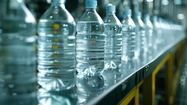 video of Plastic bottles with blue caps travel along a conveyor belt in an industrial water bottling factory, part of the production line for a bottled water manufacturer
