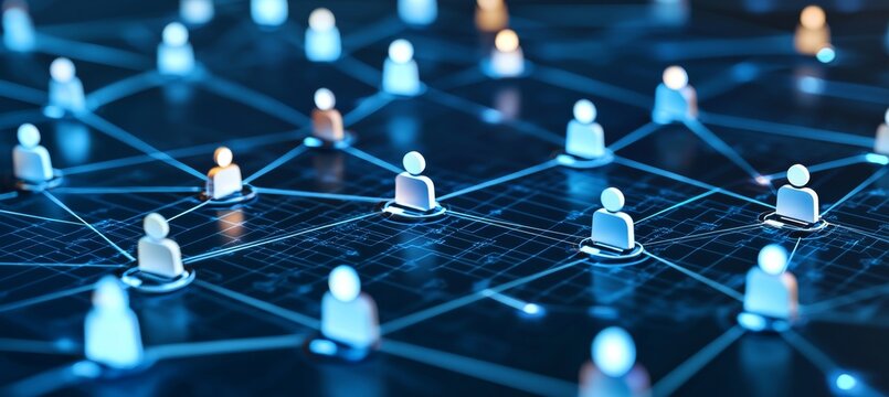 This concept illustrates the hyper-connected society of modern society by connecting icons and lines in 3D