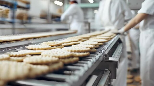 video of employees organize cookies on a conveyor belt within a food production facility