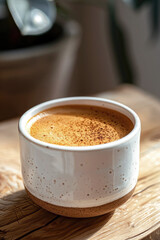 A close-up of a ceramic coffee cup filled with frothy Americano on a wooden surface, softly lit by natural sunlight. Cozy morning atmosphere.