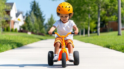 child riding a tricycle on a sunny sidewalk
