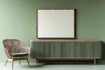 Three-dimensional rendering of a poster frame and accessories in a cozy dark green interior setting.