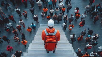 Obraz premium Crowded stairwell with people hurriedly evacuating an office building during a fire drill heading to safety in response to the emergency alarm