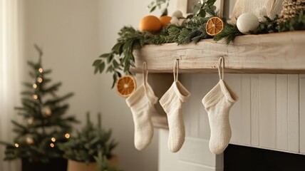 Minimalist eco-friendly fireplace with natural elements like cotton stockings, a potted evergreen, and a recycled paper garland for a green holiday feel. Holiday fireplace