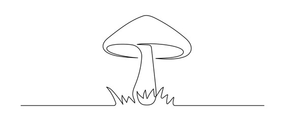 Mushroom in one continuous line drawing. Nature food in simple linear style. Edible autumn harvest in editable stroke. Doodle outline vector illustration
