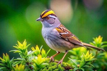 Fototapeta premium Gold Crowned Sparrow Perched on a Branch in Natural Habitat with Green Foliage Background