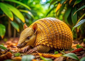 Obraz premium Golden Armadillo Resting on the Ground in Natural Habitat Surrounded by Lush Greenery and Leaves
