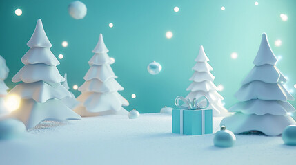 Fototapeta premium open snow ground,a shining christmas trees and gift box