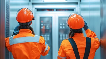 Fire safety personnel checking and verifying the status of emergency exit doors in a commercial building to ensure compliance with safety protocols and regulations