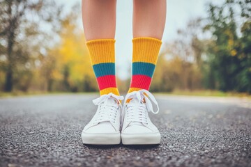 Child wearing mismatched socks outdoors in white sneakers. Odd Socks Day, Anti-Bullying Week, Down syndrome awareness.