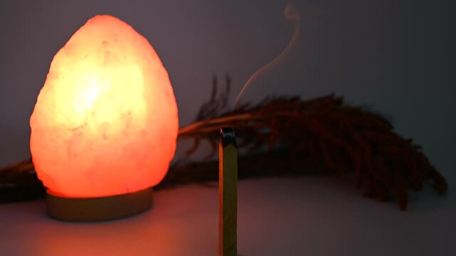Bursera graveolens, palo santo stick smoldering. Pink light of salt lamp, dried flowers. Mysterious atmosphere. Aromatherapy, relaxation, meditation.