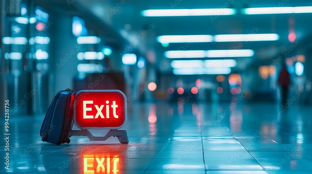 Poster Glowing illuminated exit sign in an airport terminal clearly showing the way to the nearest emergency exit for passengers and travelers  The sign is a bright
