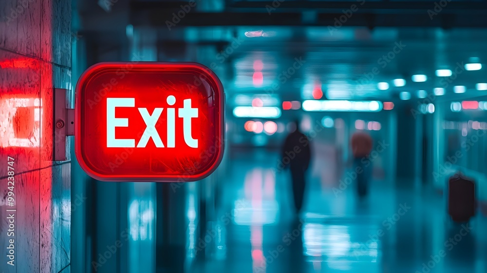 Poster Glowing illuminated exit sign in an airport terminal providing clear guidance and direction towards the nearest emergency exit for passengers and travelers