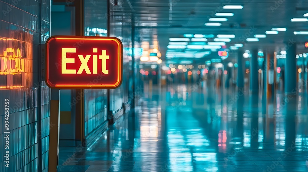 Aufkleber glowing illuminated exit sign in an airport terminal highlighting the emergency evacuation route and