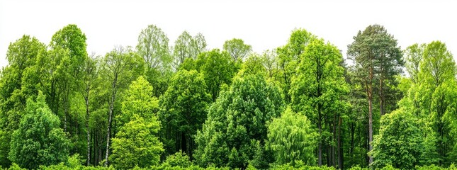 The cutout tree line has forest and green foliage in summer. Trees and shrubs isolated on a transparent background. Forest scape. Completely cut out image.