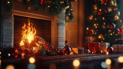 Obraz premium Detailed 3D-rendered fireplace with glowing fire, lifelike ornaments, and luxurious rug, evoking a cozy, festive holiday ambiance. Holiday fireplace