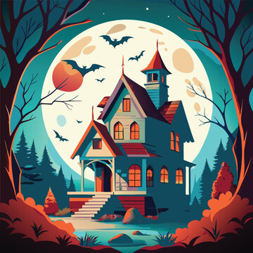 A halloween house and bat flying around the house
