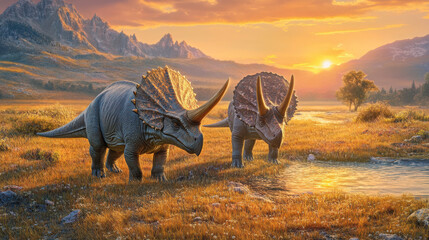 Fototapeta premium A pair of triceratops grazing in a vast, golden grassland during sunset, their horns and scales reflecting the warm hues of the sun.