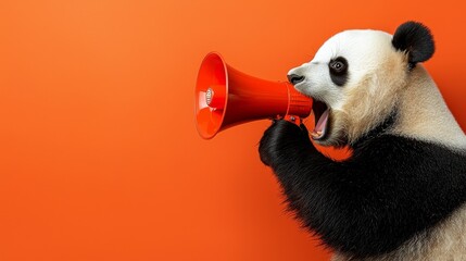 Fototapeta premium Giant Panda holds white loudspeaker, screaming. Advertizing concept.