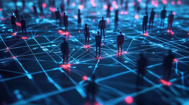 A group of people standing on top of a network. Suitable for technology concepts
