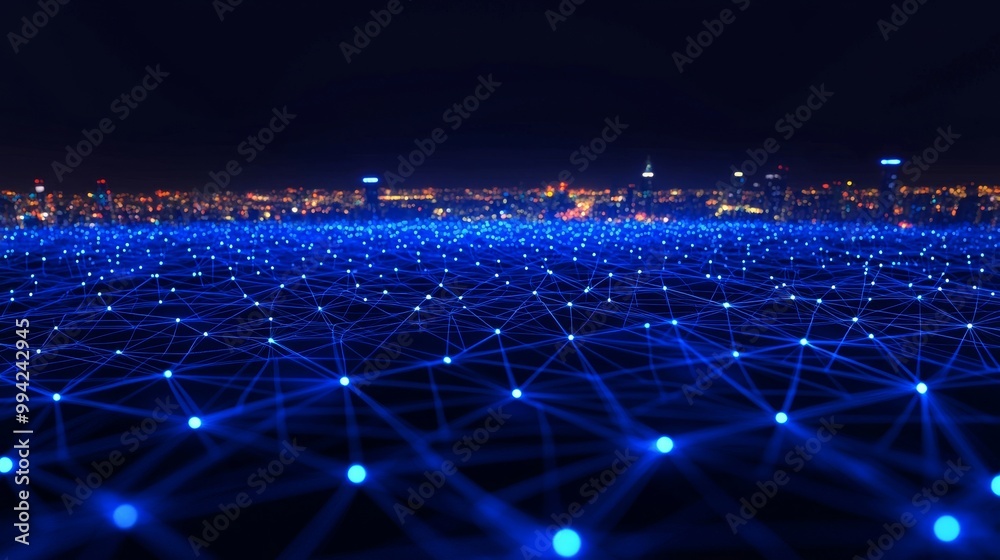 Poster abstract blue background with digital data particles and digital data network connections.