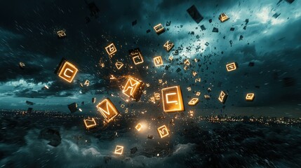 Glowing letters flying through stormy skies