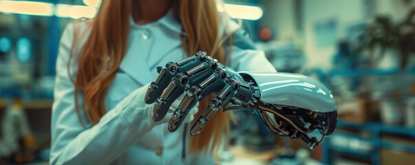 Girl with a high-tech robotic arm, focusing intently on her futuristic prosthetic.