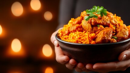 Close up of womans hands holding rice prepared in indian cuisine