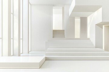 Obraz premium A light white abstract stage with simple lines, corners, and polygonal background on a white wood shelf for advertisement, presentation products, or design in an elegant futuristic geometric style.