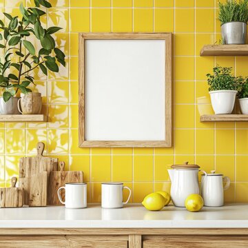 An empty poster and kitchen decorations are displayed on a wooden frame mockup on a kitchen countertop against yellow tiles.