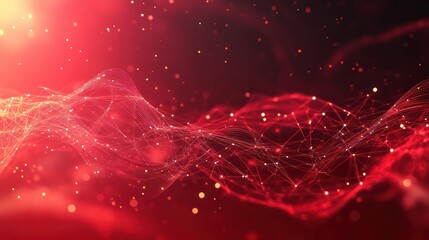 Abstract red tech background with digital waves, Dynamic network system, Artificial neural connections, Technology background.