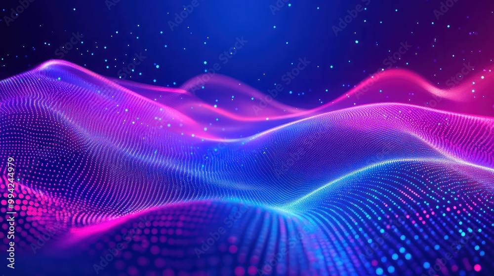 Poster abstract waving particle technology background design. abstract wave moving dots flow particles, hi-