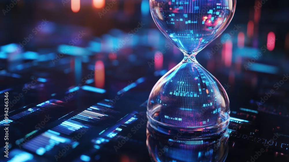Poster an innovative digital hourglass showcases data bits instead of sand, set against a time-sensitive da