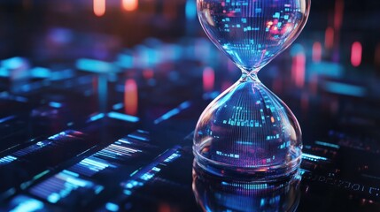 An innovative digital hourglass showcases data bits instead of sand, set against a time-sensitive data backdrop, emphasizing the criticality of prompt data analysis.