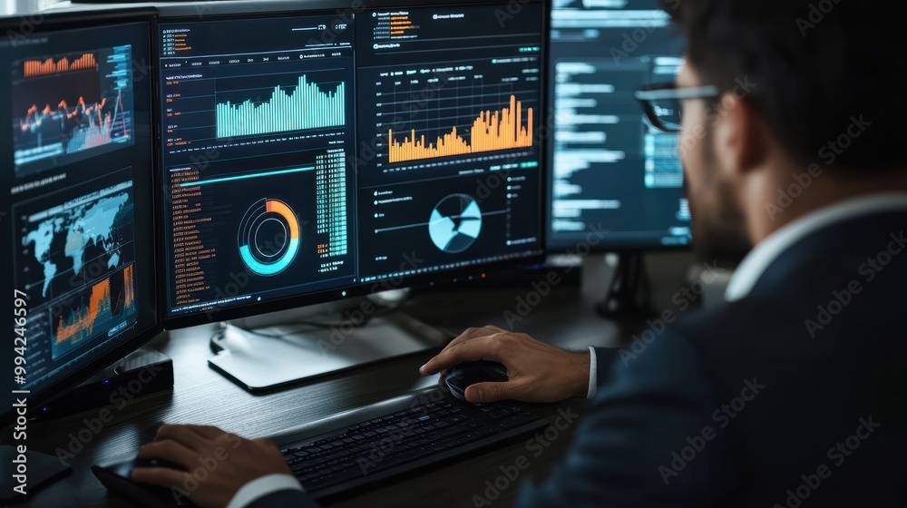 Poster analyst uses computer and dashboard for data business analysis and data management system with kpi a