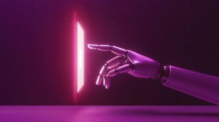 Fototapeta premium A robotic hand reaches out to touch a glowing pink rectangle in a dark setting.