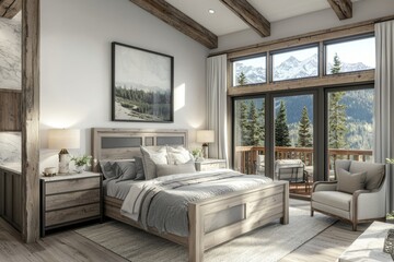 Farmhouse interior design of modern bedroom with lining wall and beam ceiling. Wood bedside cabinet with blue blanket.